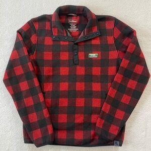 LL‎ Bean Fleece Pullover Mens Small Red Black Buffalo Plaid Snap Neck 500682
